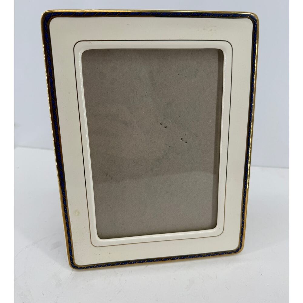 Ceramic Picture Frame 5x7 Ivory Blue Gold Trim Elegant Traditional Tabletop